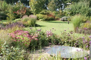 Herbstfärbung im Garten mit Stauden und Wasserspiel – Edelstahl-Wasserschale