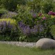 Kopfsteinpflasterung und Findlinge in mmoderner Gartengestaltung mit vielen sommerblühenden Stauden