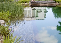 Holz schützt die Teichfolie vor Beschädigung, die steilen Wände vergrößern die Schwimmzone
